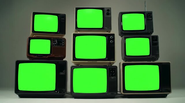 Nostalgic Media Backdrop with stacked retro vintage tvs turning on green screens you can replace screen the footage or picture want lkeyingr effect in ae check out tutorials internet distortion
