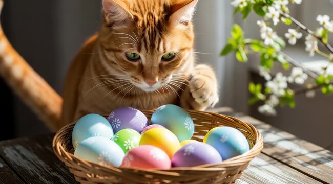 Playful ginger cat investigates a basket full of easter eggs in a springtime scene