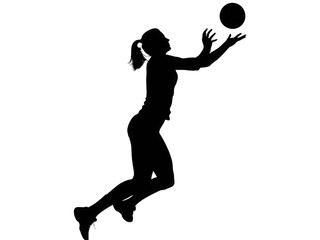 A woman is jumping in the air to catch a volleyball