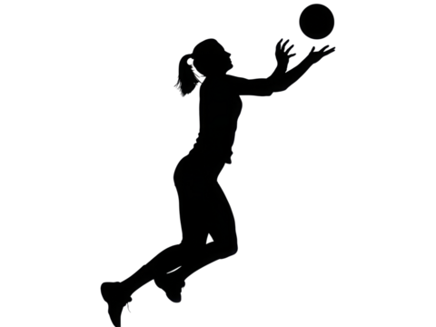 A woman is jumping in the air to catch a volleyball