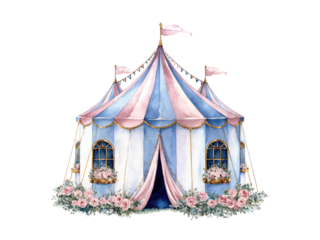 A blue and pink tent with a white flag on top