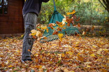 Laub mit Schwung zu Hause zusammen kehren