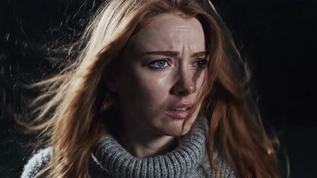 Redhead Woman Looks Anxious Outdoors At Night With Wind Blowing