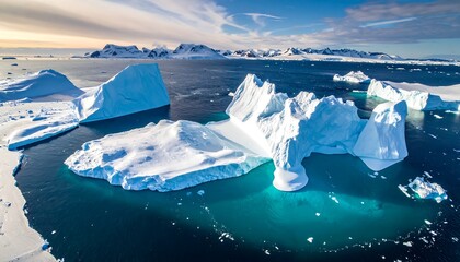 Vast panoramic view of glacial icebergs in the icy ocean with mountains
