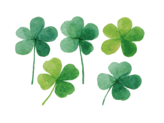A set of five green clovers are painted in watercolor