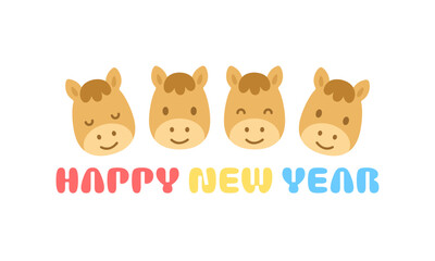ハッピーニューイヤーロゴと馬のポップな新年のカラフルイラスト