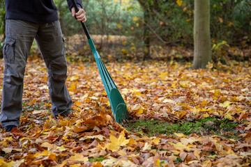 Bl&auml;tter im Herbst zu Hause zusammenfegen