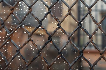 Raindrops clinging to metal chain link fence
