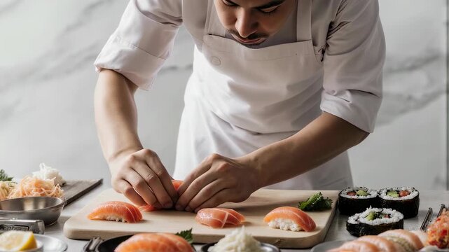 Master sushi chef preparing fresh salmon nigiri with attention to detail and technique