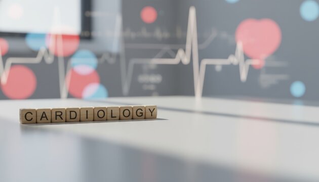 This image shows the word cardiology spelled out in wooden blocks, with a heart rate monitor in the background. Symbolizing medical research and heart health. - Powered by Adobe