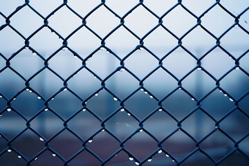 Fototapeta premium Chain link fence with raindrops on a foggy day