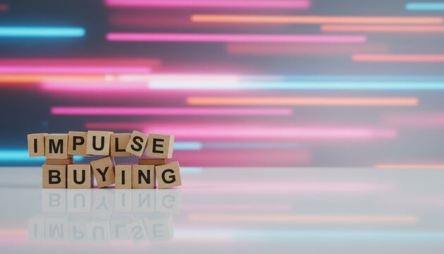 Impulse Buying spelled out with wooden blocks on a reflective surface. A vibrant, blurred background of pink and blue neon lights enhances the theme of impulsive decisions.