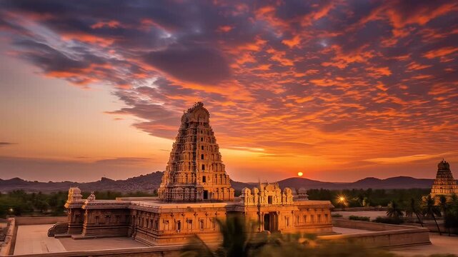 Ancient temple at sunset with dramatic lighting and vibrant colors showcasing historical architecture against a beautiful sky background
