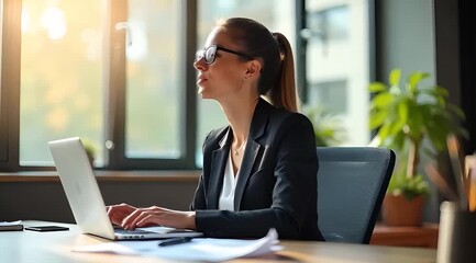 A businesswoman works on a computer, surrounded by financial charts and tables. - Powered by Adobe