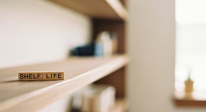Wooden blocks spell shelf life on a light wooden shelf. Soft focus background suggests a minimalist, organized home interior. A reminder of time and storage solutions.