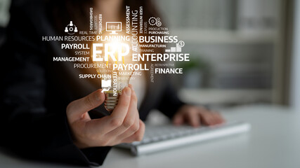 A business professional holds a glowing light bulb symbolizing innovative ideas in ERP solutions, set against a modern office backdrop, representing efficiency in management. Tessel