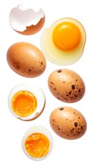 Collection of eggs, whole, cracked, boiled, and raw, displayed in a floating, stacked arrangement