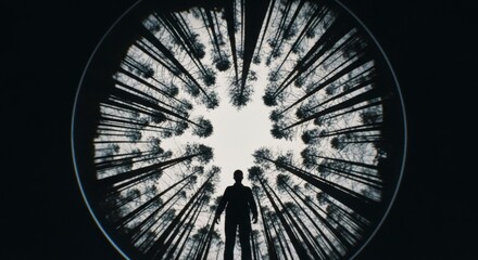 Solitary figure under a geometric canopy of towering trees captured in a striking monochrome