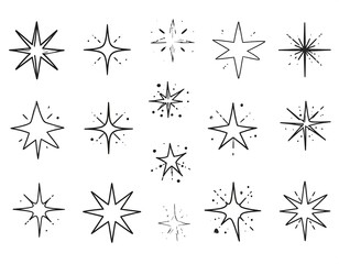 Collection of hand-drawn starbursts and stars in various shapes on a white background