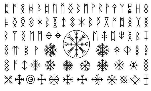 Complete Set of Black Norse Runes and Icelandic Magical Staves Vector Icons, Futhark Alphabet and Helm of Awe Symbol Collection, Ancient Viking Mythology Design Elements