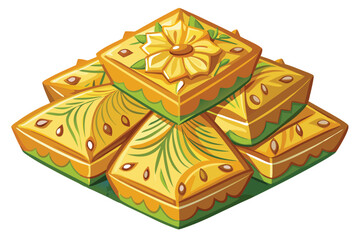 Stack of uniquely ornamented square sweet pastries is carefully placed forming a delightful pyramid