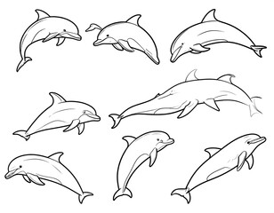 Collection of eight black & white, stylized dolphin sketches in varied swimming poses