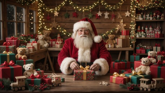 Santa Claus in his gift workshop