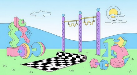 Surreal geometric outdoor fitness landscape with abstract workout equipment and exercise mat under