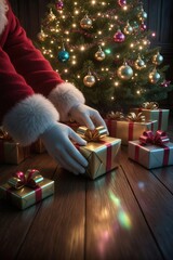 Santa's hands leaving presents under the Christmas tree