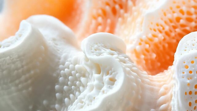 Close-up of a seashell reveals its stunning patterns and textures, featuring soft white and orange colors. This natural artwork highlights the beauty of marine life.