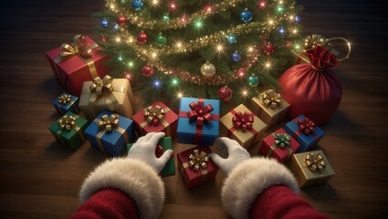 Santa's hands leaving presents under the Christmas tree