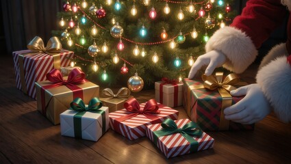 Santa's hands leaving presents under the Christmas tree