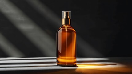 Amber glass bottle with gold accents and spray nozzle on a surface with light and shadow patterns