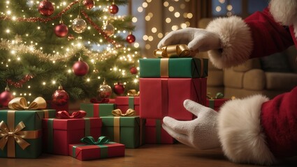 Santa's hands leaving presents under the Christmas tree