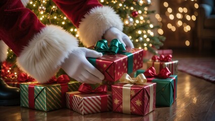 Santa's hands leaving presents under the Christmas tree