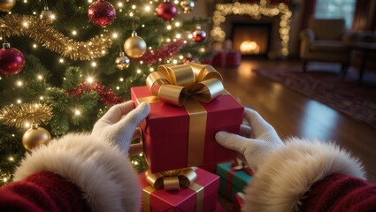 Santa's hands leaving presents under the Christmas tree