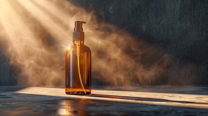 Amber bottle with pump dispenser on surface with light rays and smoky background effect in studio
