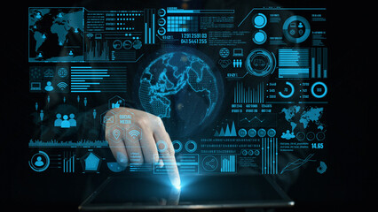 Engaging visual of a hand interacting with a digital interface displaying global communication networks and data analytics, ideal for technology and business themes. Cipher
