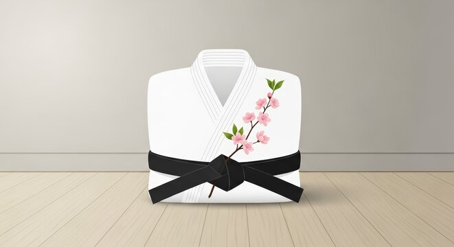 Elegantly Folded Traditional Martial Arts Gi with a Black Belt and Beautiful Cherry Blossom Branch