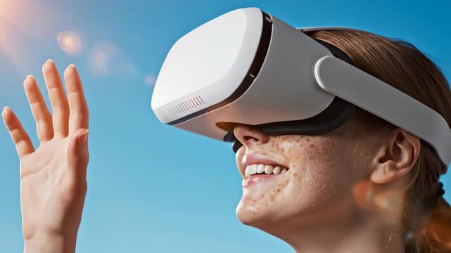Woman Experiences Virtual Reality With White Headset Outdoors