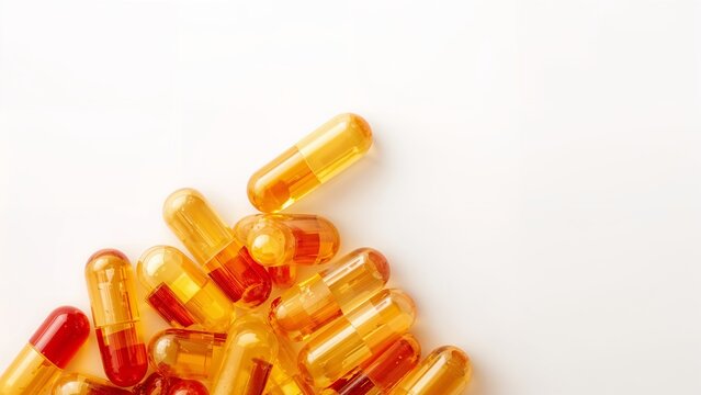 Bright yellow and red pills and capsules scattered on light background, creating vivid medical and pharmacy backdrop