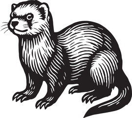 Obraz premium Black and white illustration of a ferret standing on its hind legs, showcasing its sleek body and curious expression in a detailed woodcut style