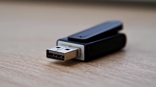 Close up view of a usb flash drive on a wooden surface showcasing modern technology