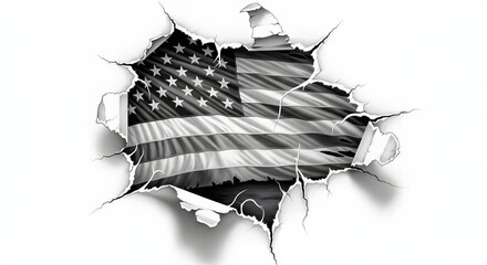 Background American flag through the paper. View of the American flag through the big breakthrough in the paper. Pencil illustration