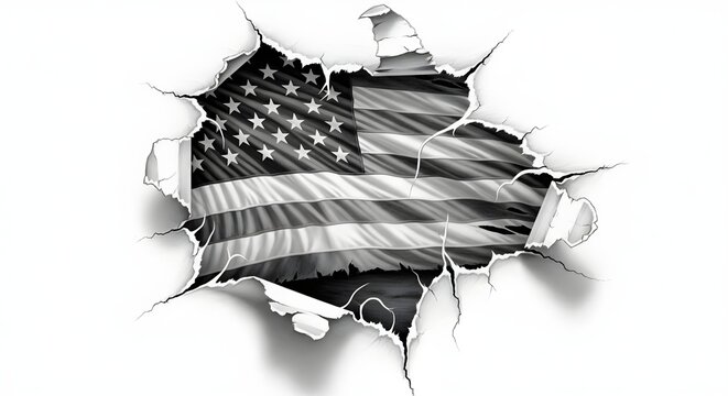 Background American flag through the paper. View of the American flag through the big breakthrough in the paper. Pencil illustration