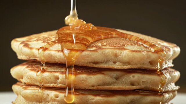 Stacked pancakes being drizzled with syrup, breakfast food close-up on brown background for recipes or menus