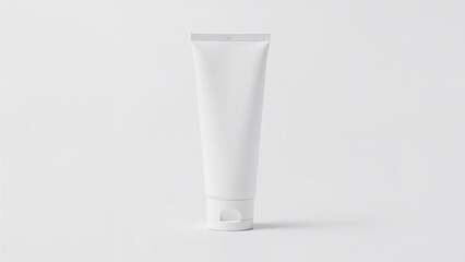 White cream tube standing over white background. Clean minimalist cosmetic packaging mock-up with copy space for branding, logo, label design, advertising and skincare product presentation.