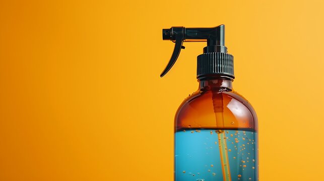 Close up of an amber spray bottle with blue liquid against a bright orange colored background