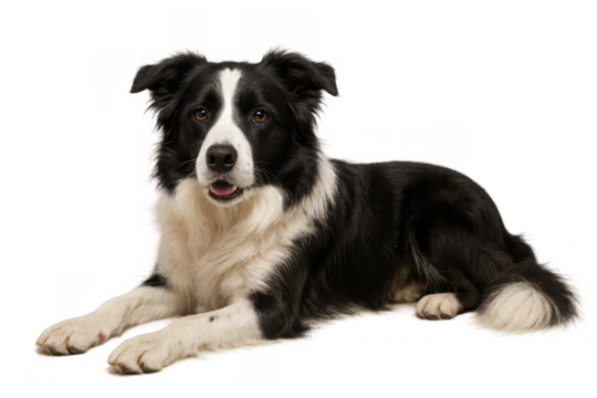 Border collie dog looking at camera while lying down, an intelligent domestic animal with transparent background - Powered by Adobe