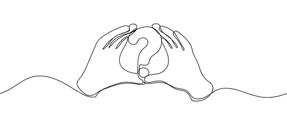 Hand holding a question mark in one continuous line. Dynamic single line draw design vector illustration Editable stroke.
